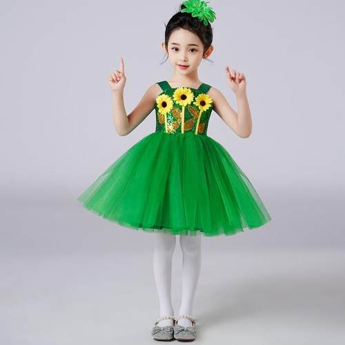 高档六儿童合演出一服幼唱儿园女童舞蹈蓬蓬裙表演纱裙黄色亮片公