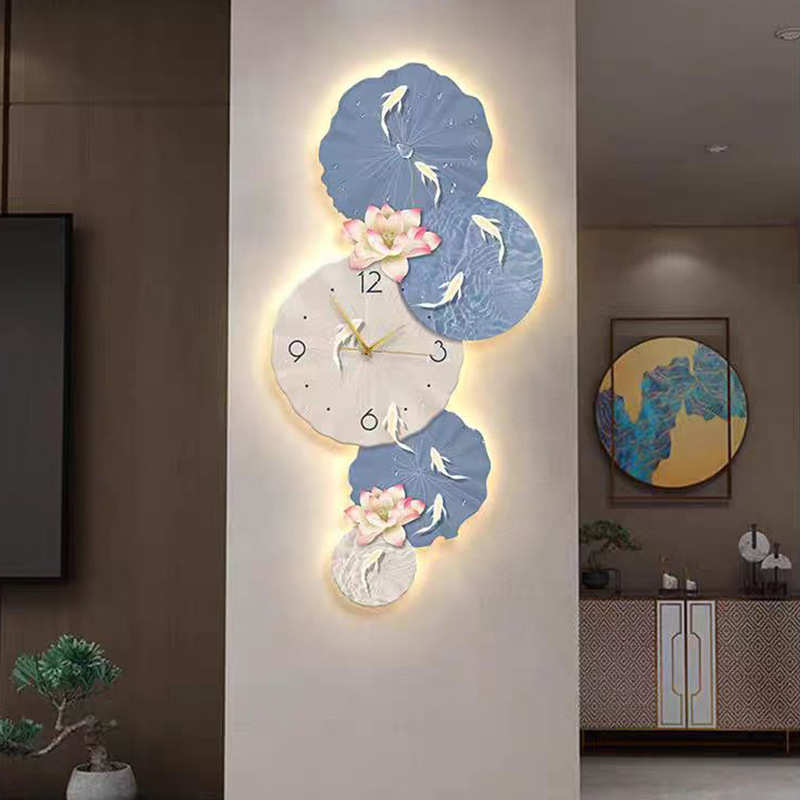 壁画客厅背景装饰画壁灯新电视钟表图墙中式挂画挂钟鱼墙玄关九挂
