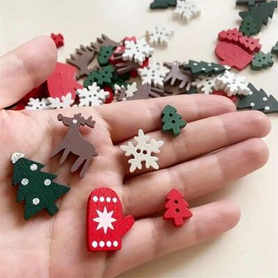 50PCS Christmas Wooden Buttons - Various Decorative Wooden