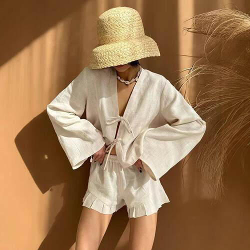 New natural cotton and linen lace up top, shorts, pajamas,