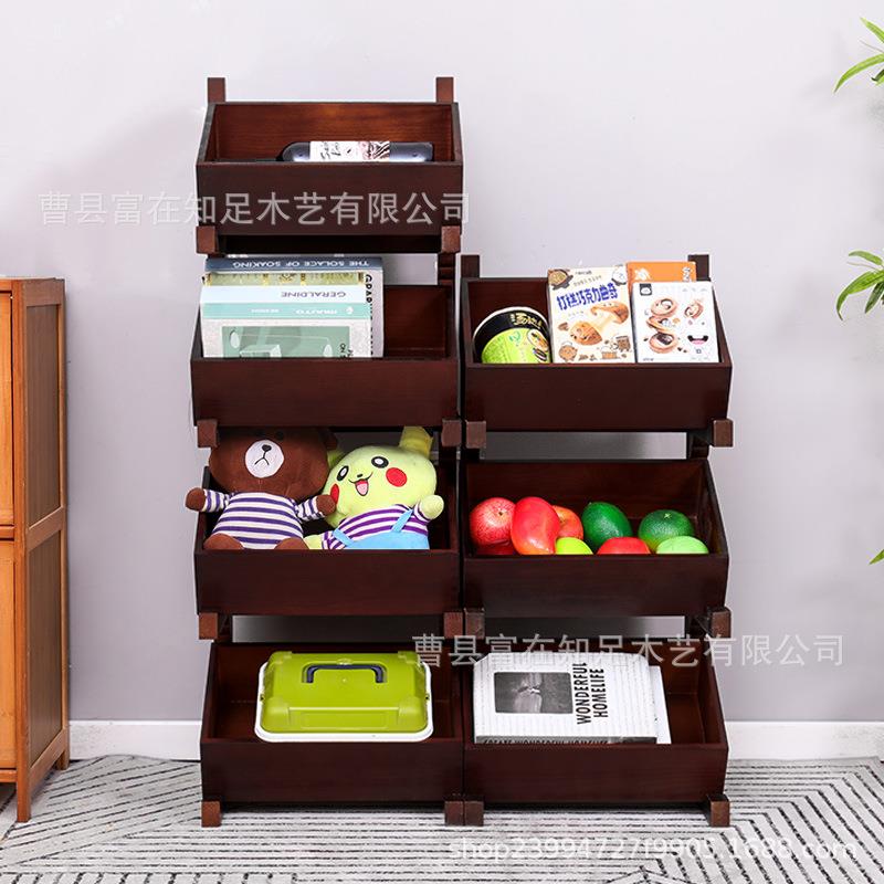 现货中古风落地式置物架木制多层杂物收纳架客厅装饰水果收纳篮