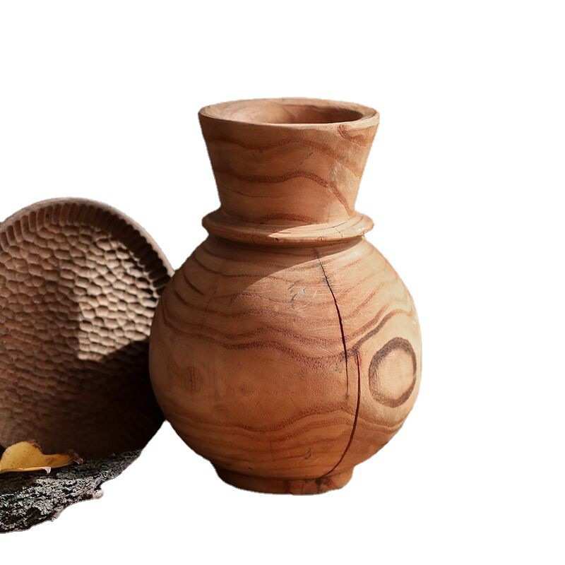 侘寂风原木花瓶摆件 实木插花花器仿古民宿装饰品 客厅摆设批发