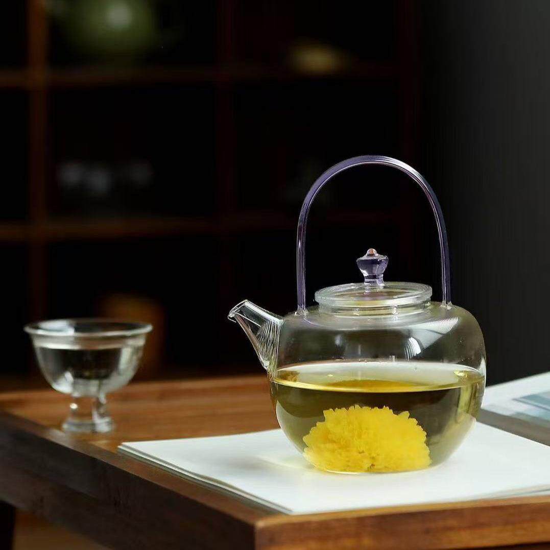 高硼硅加厚耐热玻璃提梁煮茶壶泡茶壶彩把玻璃壶大号花茶冷泡壶