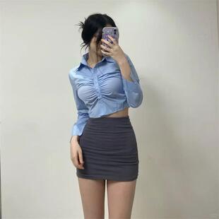 收腰蓝色衬衫女设计感褶皱上衣女性感修身长袖衬衣短款包臀裙春秋