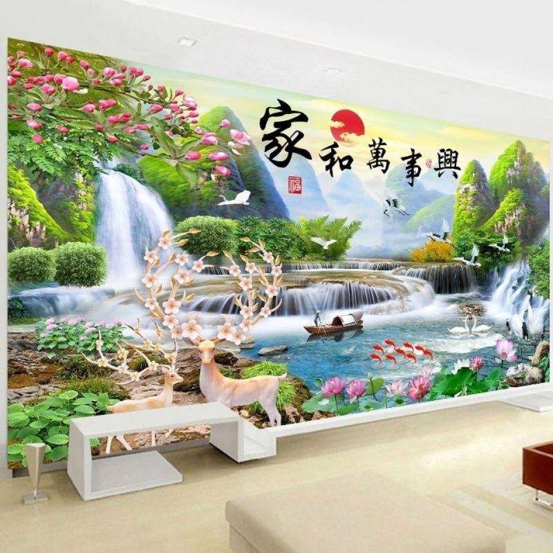 2024新款十字绣家和万事兴流水生财发财麋鹿客厅风景挂画