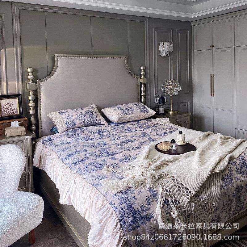 美式乡村莫里印象高端时尚实木大床主卧卧室轻奢做旧高背公主婚床