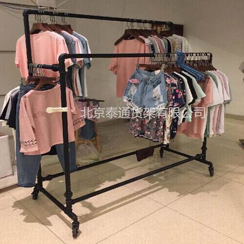 服装店家用双排挂衣服装双杆层落地铁艺金属龙门架移动带轮货架子