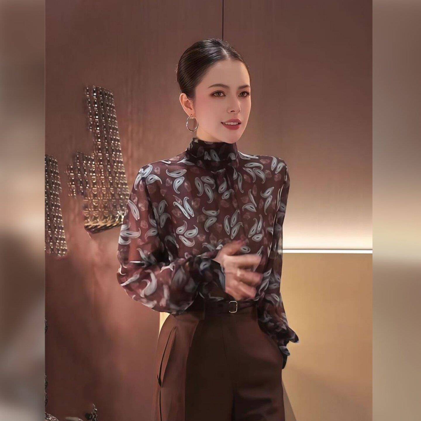好货复古chic印花拼接飘带长袖衬衫上衣女2026秋季洋气高级感气质