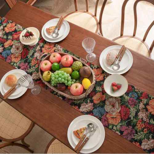 中式桌旗提花花开富贵流苏复古茶旗餐旗长条加厚工厂直供