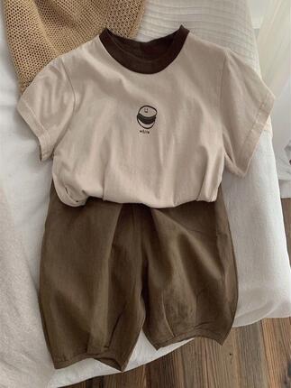 Pure Cotton Boys' Two-Piece Set 2026 Summer New Style Children's Clothing Korean Style Fashionable Cute Top and Loose-Fitting Cropped Pants Set