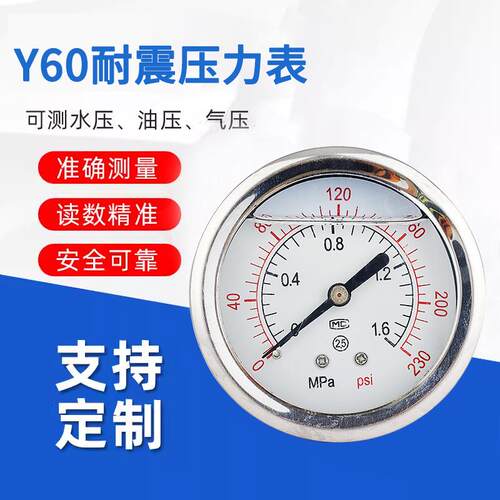 YN60Z轴向卧式耐震压力表2分4分防震水压气压油压表1.6MPA