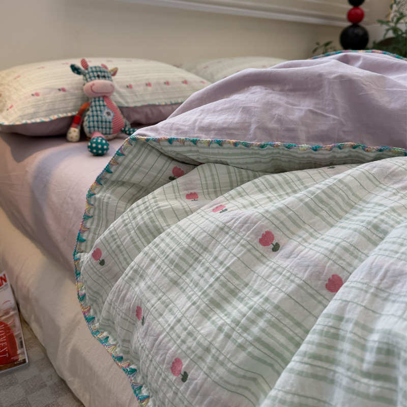 简约条纹色织提花小红花全棉水洗棉四件套纯棉美拉德被套床上用品