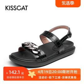 kisscat接吻猫夏季牛皮圆头中跟粗链条石头纹时装凉鞋ka21340-51