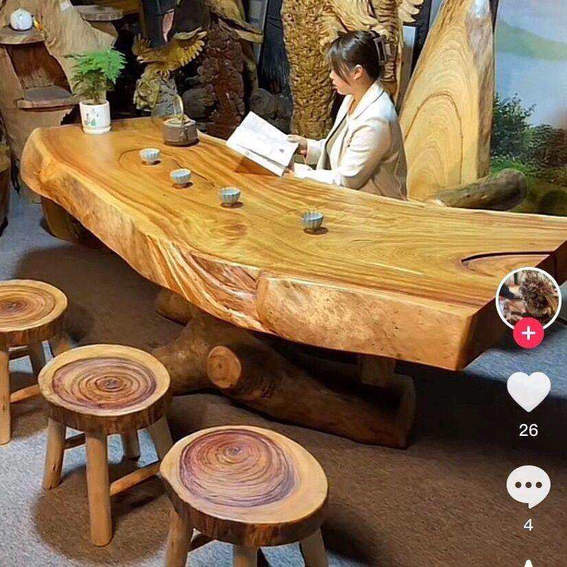香樟木根雕茶几原生态木头大板茶桌椅子木质民宿家具实木茶台桌面