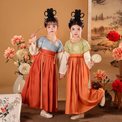 女童唐风汉服梦华唐洋装表演服小仙女团花2026新款中国风唐装
