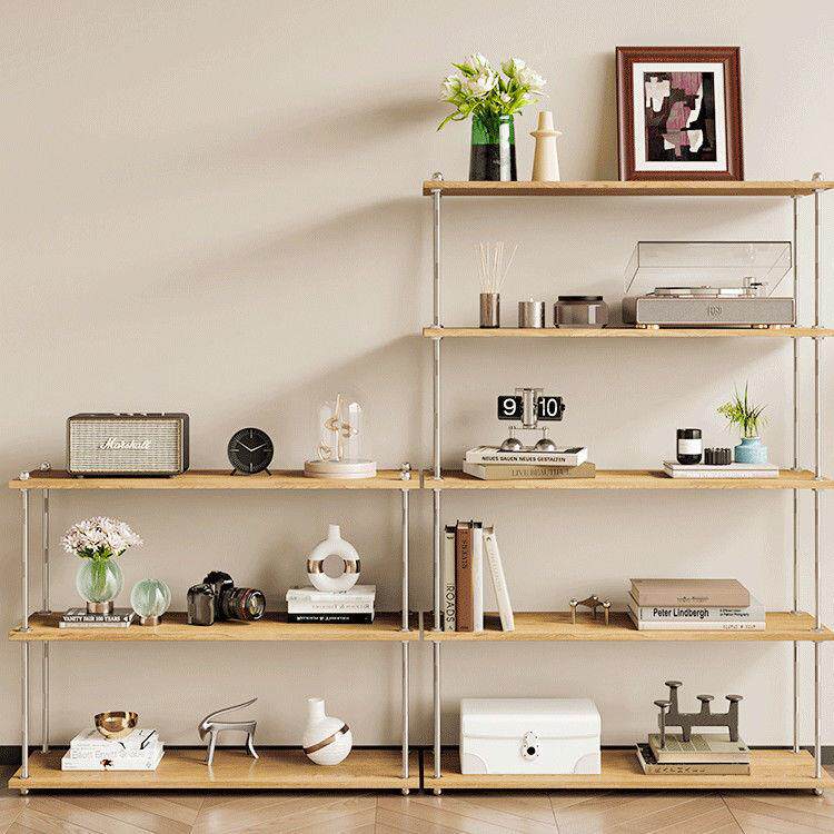 北欧实木收隔板物架客厅落地多层书纳架置不$$kloon锈钢列架陈简