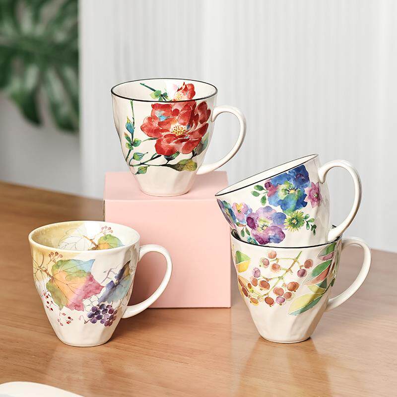 日本进口ceramic蓝马克杯彩色花卉水杯美浓烧清新陶瓷茶杯咖啡杯