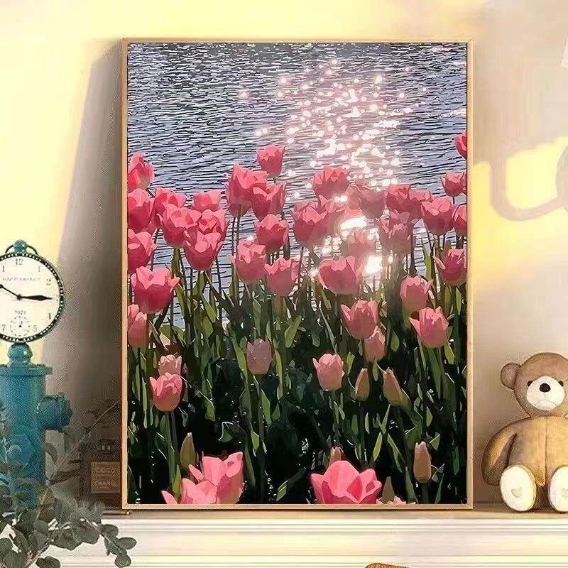 郁金香花朵数字油画diy填色手工画儿童手绘填充风景数字油画