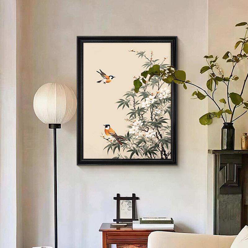 鸟花中古风装饰画复古法式客厅餐厅挂画小众艺术卧室新中式风景画