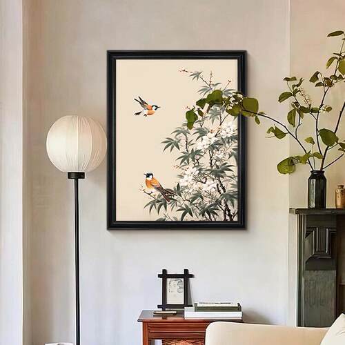 鸟花中古风装饰画复古法式客厅餐厅挂画小众艺术卧室新中式风景画