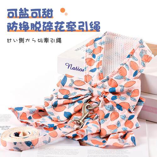 Dog Dress with Bowknot Harness Leash Set Floral Princess