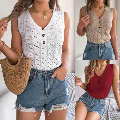 holiday womens sleeveless color button hollow sweater