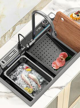 304不锈钢水槽智能数显厨房水槽不锈钢洗碗池多功能带刀架大单槽
