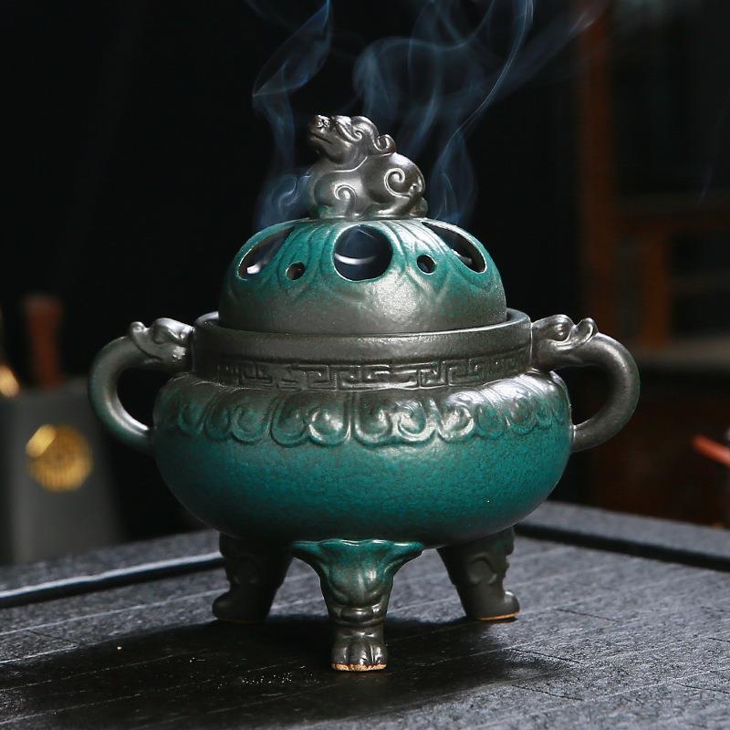 仿古窑变貔貅盖三足立鼎陶瓷盘香炉沉香檀塔香薰炉炉佛具用品
