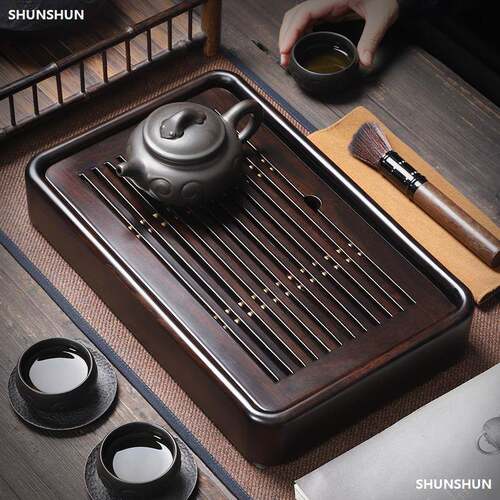 家用黑檀木实木茶盘茶台茶海 简约办公室盛水蓄水小茶台水杯托盘