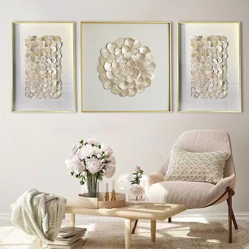 法式贝母装饰画复古贝壳三联挂画玄关客餐厅轻奢珍珠艺术软装壁画图片