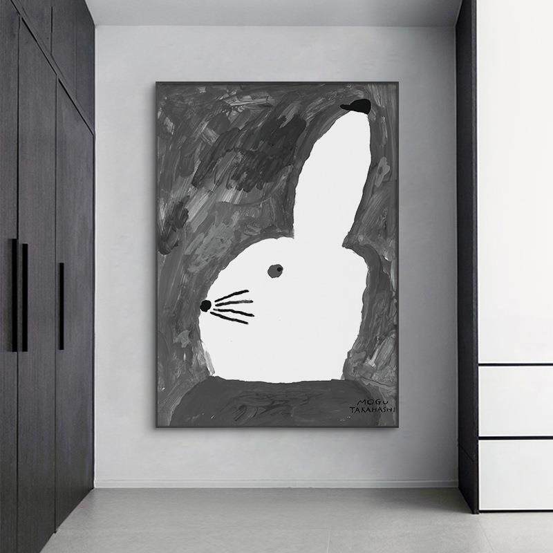 新款直销北欧黑白挂画侘寂风兔子装饰画玄关现代简约大尺寸客厅入