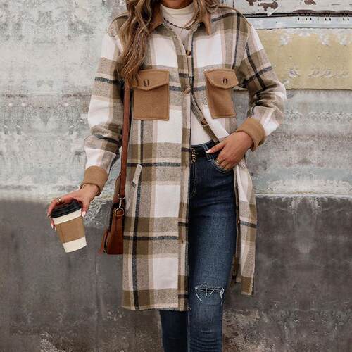 Women's collar brushed plaid long sleeved jacket for