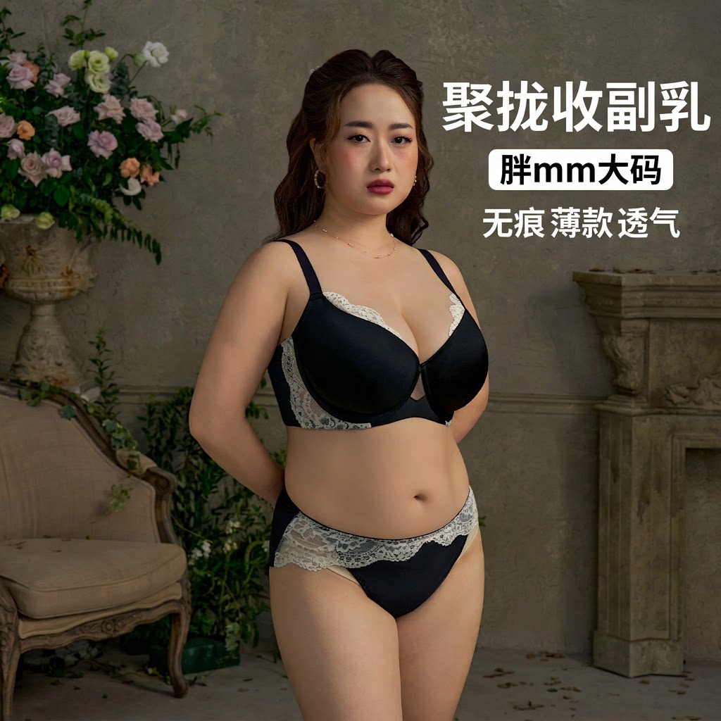 EMMAROSE胖mm大码蕾丝光面无痕薄款透气聚拢收副乳大胸显大文胸