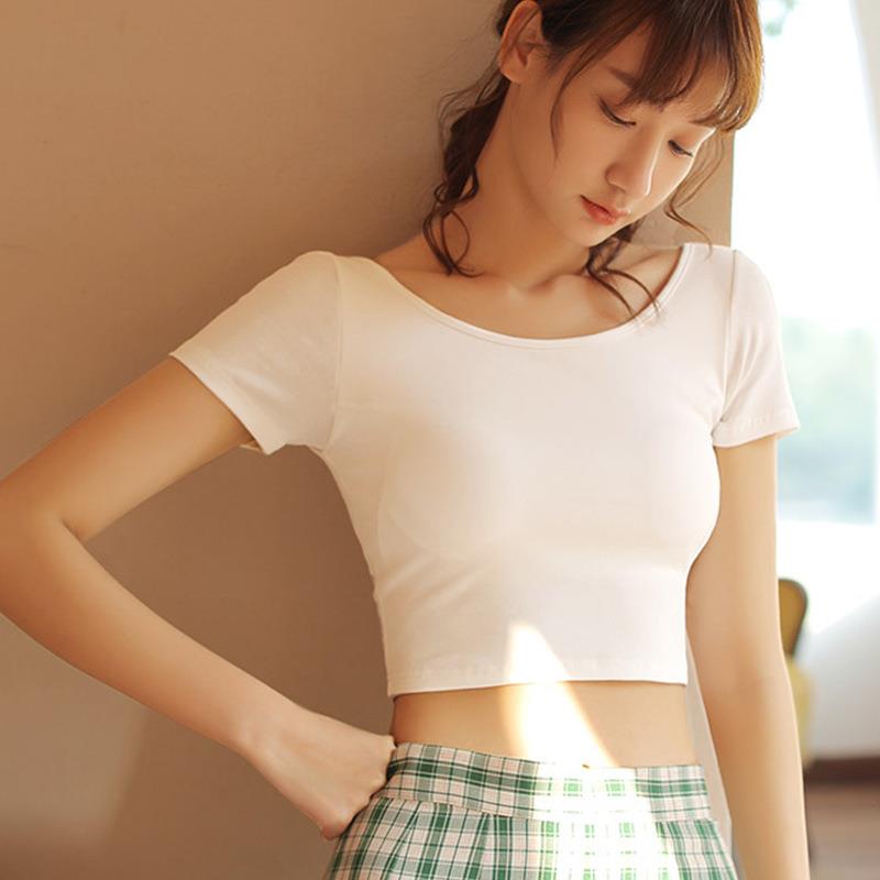 新款直销自带胸垫露脐短袖高腰大圆领美背T恤女无钢圈文胸打底衫