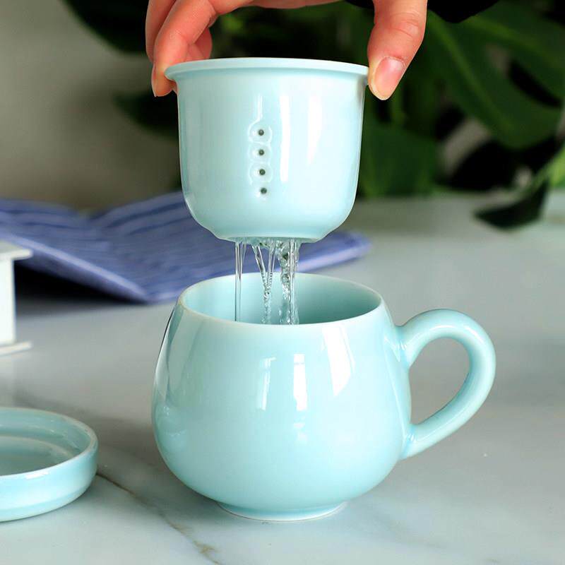 陶瓷茶杯龙泉青瓷过滤杯子创意办公杯鼓型同心杯带盖泡茶情侣水杯