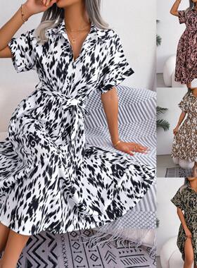 Summer Short Sleeve Casual Style Vacation Loose Belt Leopard