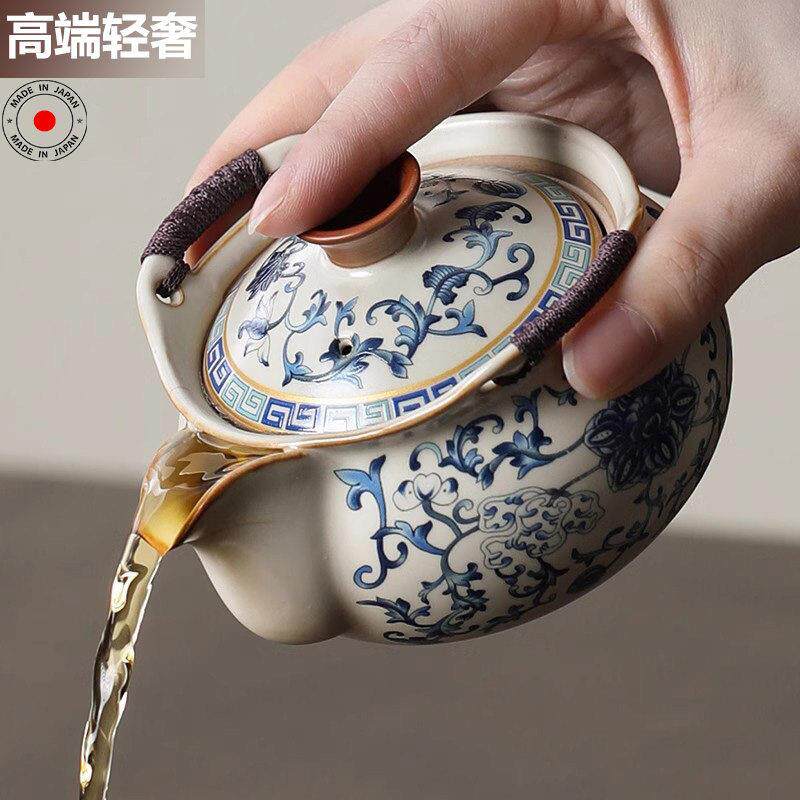 青花汝窑手抓壶盖碗茶杯高档大号防烫家用功夫茶具泡茶茶碗带盖