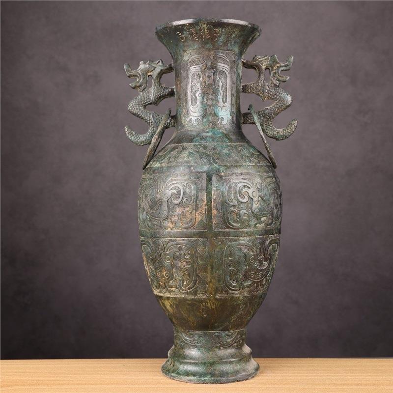 古青铜器复古客厅摆件双龙凤瓶花插现代家居青铜博物馆古玩收藏