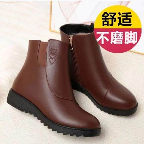 正品大靴东妞妈绒妈鞋短真棉鞋软底加皮鞋中老年冬季新款靴平皮底