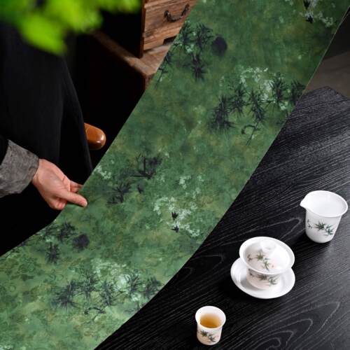 竹雀长茶席桌旗桌布防水双面云纱手工中式覆古装饰家用茶室可定制