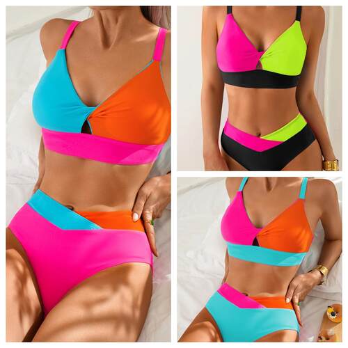 Color Block Front Cutout Neno Bikini Set Back Lace - up High