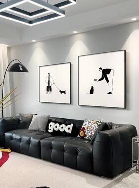 黑白吉祥猫方挂画现代极简主义沙发背景壁画抽象系列餐厅装饰画