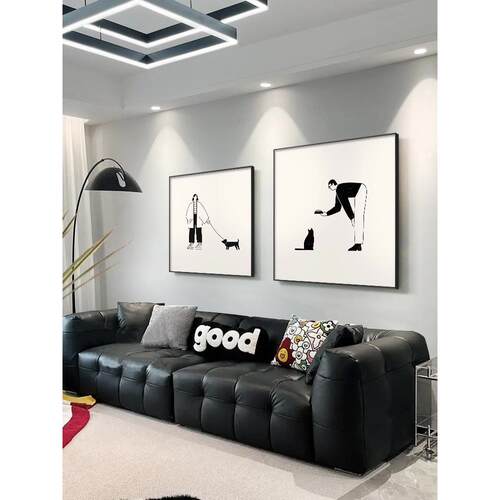 黑白吉祥猫方挂画现代极简主义沙发背景壁画抽象系列餐厅装饰画