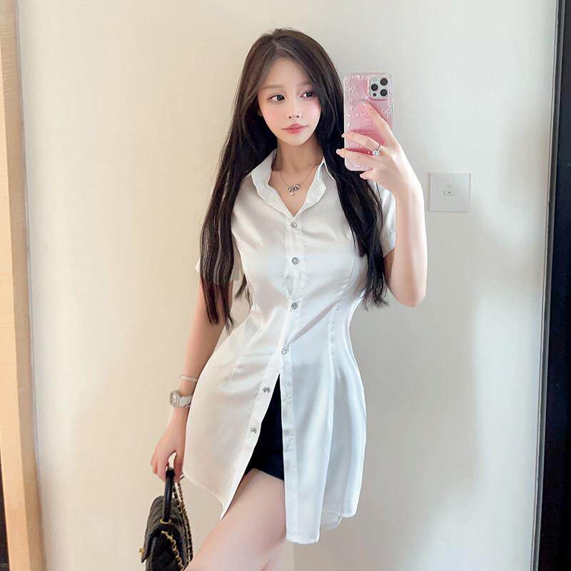 气质收腰中长款白色衬衫女夏季新款时尚缎面雪纺衬衣休闲洋气上衣