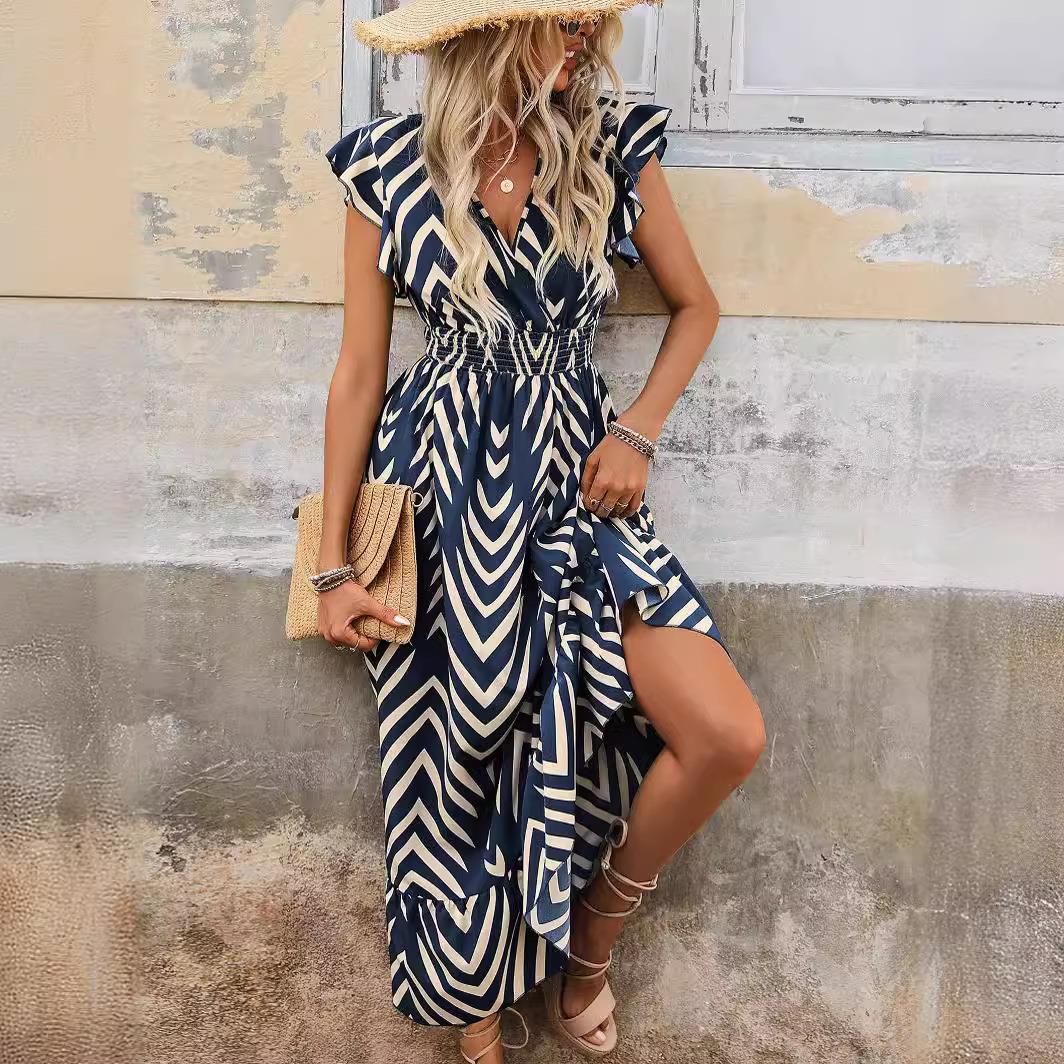 Womens V Neck Lotus Sleeve Waist Cinching Fitted Beach