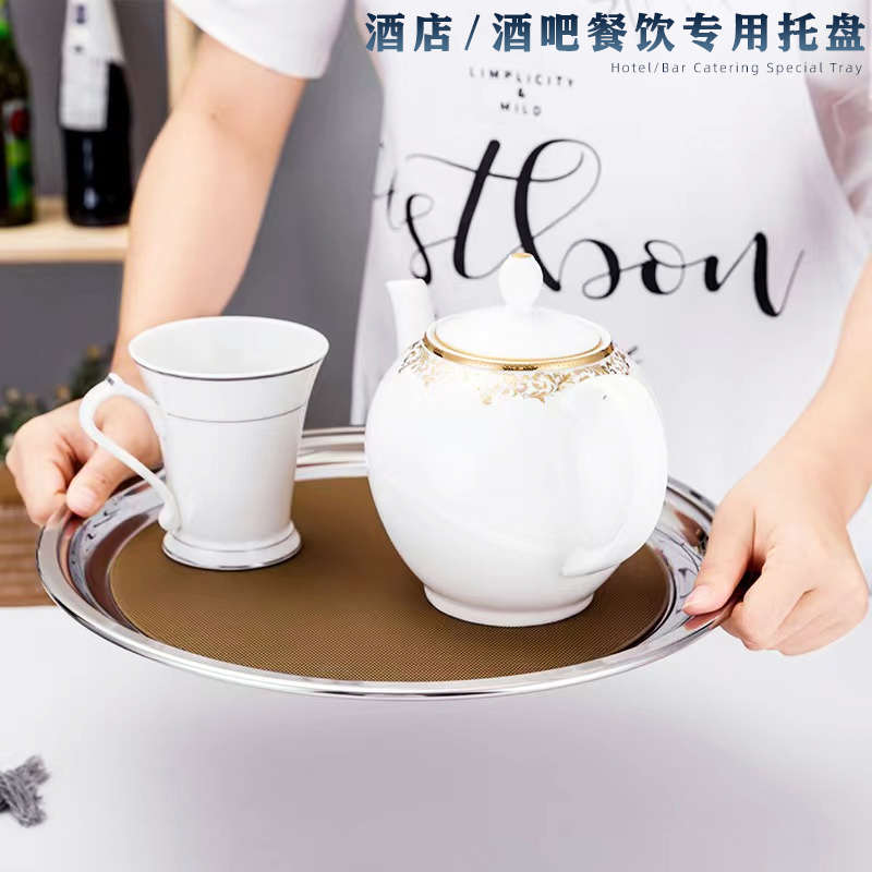 镜面不锈钢餐盘配硅胶垫酒吧防滑托盘茶盘隔热餐盘酒店餐厅圆托盘