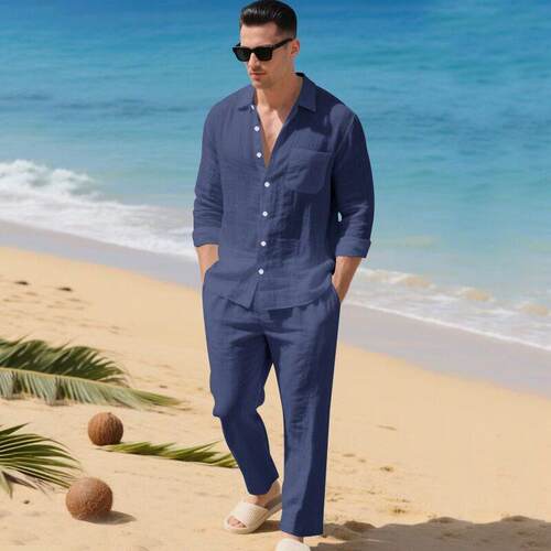 Men Autumn Casual Linen Shirt Set Sleeve Button Front Plain