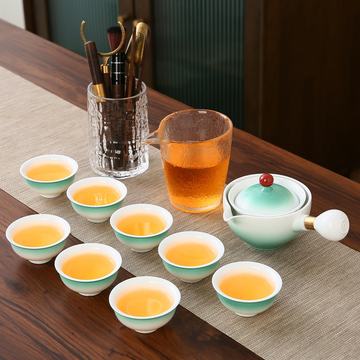 侧把泡茶壶旋转逍遥壶渐变现代小型茶具茶盘套装家用便携式旅行装