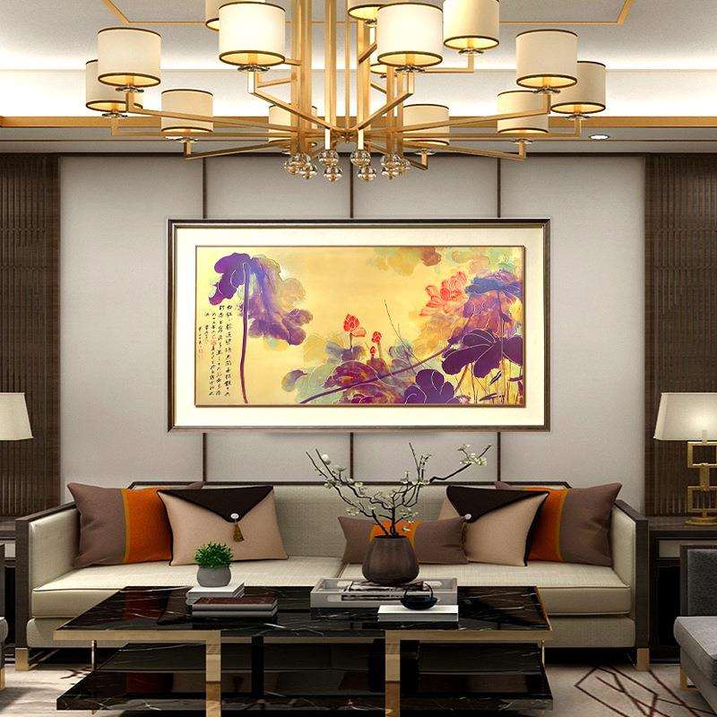 新中式荷花图客厅装饰画茶室荷花禅意挂画办公室写意荷花铜板画