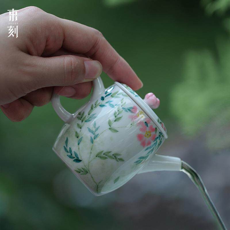束刻玉泥古青手绘凌霄花茶壶文人茶具手执壶泡茶壶防烫手带过滤